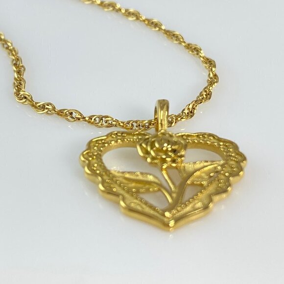 Rose Flower Heart Pendant on Stainless Steel Twisted Singapore Chain Necklace - Picture 2 of 11